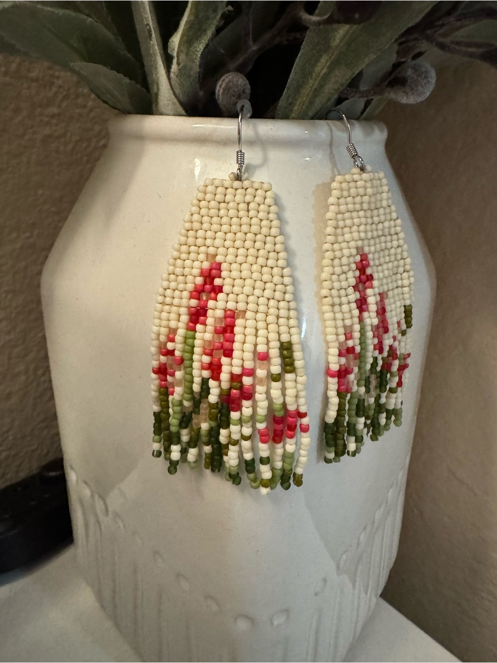 Handmade Handwoven Beaded Fringe Flower Earrings - Picture 3 of 3